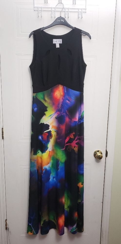 Sleeveless multicolored bottom Joseph Ribkoff dress with cutout neckline